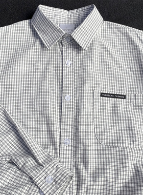 春季新款日系格子长袖衬衫男休闲翻领气质感白色衬衣女宽松上衣潮