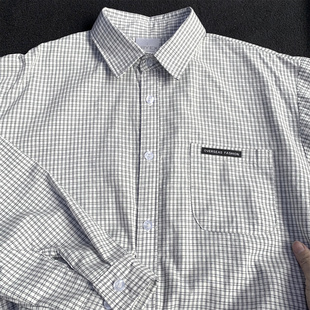 春季新款日系格子长袖衬衫男休闲翻领气质感白色衬衣女宽松上衣潮