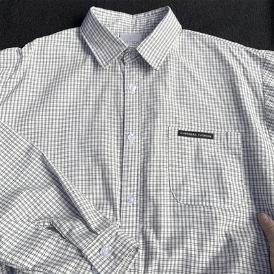 春季新款日系格子长袖衬衫男休闲翻领气质感白色衬衣女宽松上衣潮