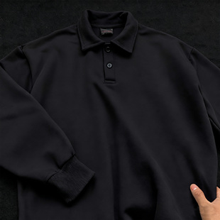 美式简约纯色卫衣男生冬季POLO领卫衣男黑色加绒外套男款翻领上衣