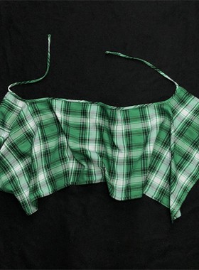 一片式绿色格纹屁帘男英伦系带配饰半身裙童格子下摆腰封超好看的