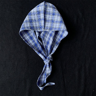 新款扎染格子连帽头巾男士帽子披肩蓝色围巾男女潮牌情侣百搭配饰