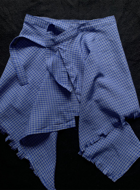 潮牌街头嘻哈腰封裙蓝色格子流苏毛边装饰屁帘男女百搭叠穿下摆裙