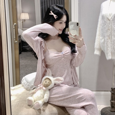 纯欲风针织纯棉吊带三件套家居服