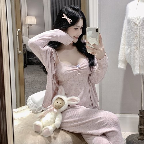 纯欲风针织纯棉吊带三件套家居服