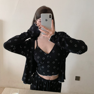 欧若拉睡衣【定制版】三件套笑脸印花带胸垫莫代尔薄款春秋家居服