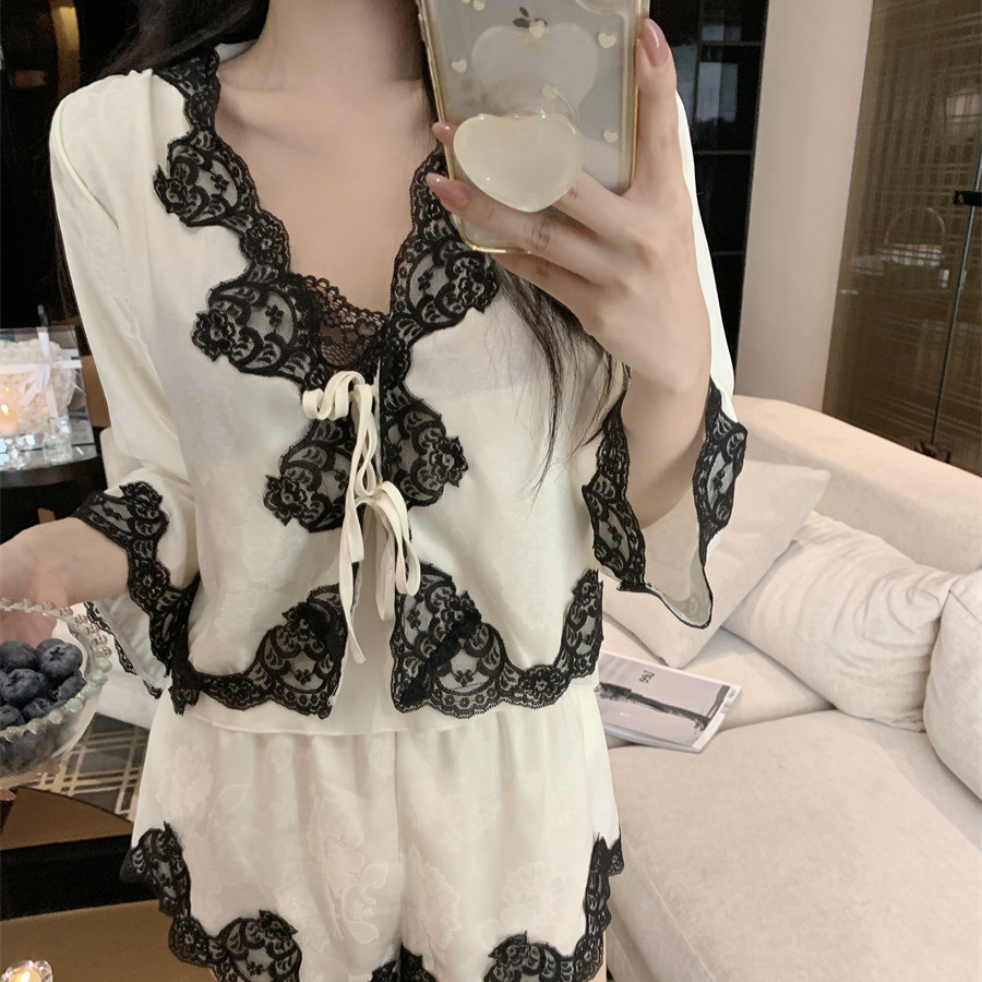 欧若拉睡衣女【蕾丝蜜语】夏秋缎面纯欲吊带四件套轻奢感家居服