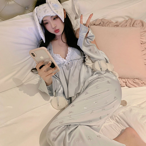 欧若拉睡衣女【蓝蝶云栖】春蕾丝吊带四件套精致缎面带胸垫家居服