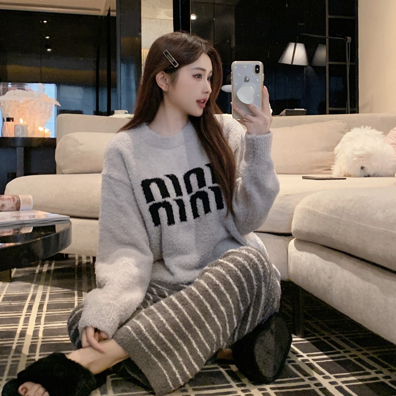 欧若拉睡衣女【灰雾定格】秋冬季洋气少女保暖可外穿半边绒家居服