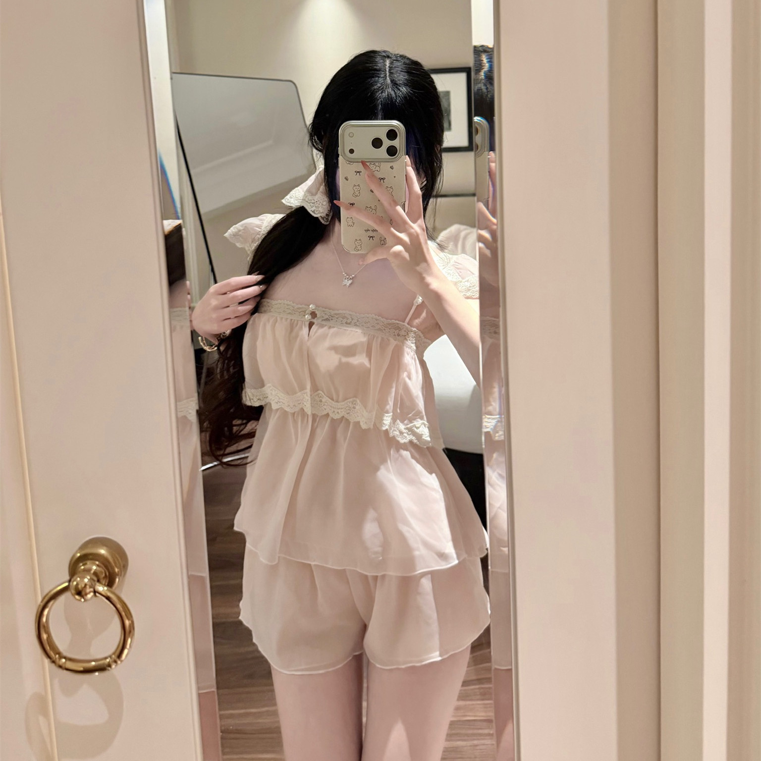 欧若拉睡衣女【恋屿悸动】易*玲同款改版雪纺吊带短裤带胸垫睡衣