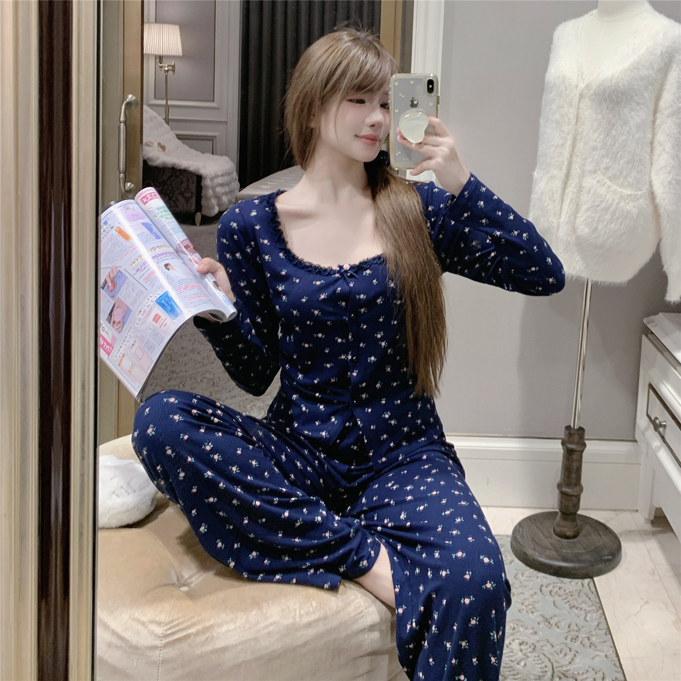 欧若拉睡衣女【莫奈花园】春季A类莫代尔显瘦两件套带胸垫家居服