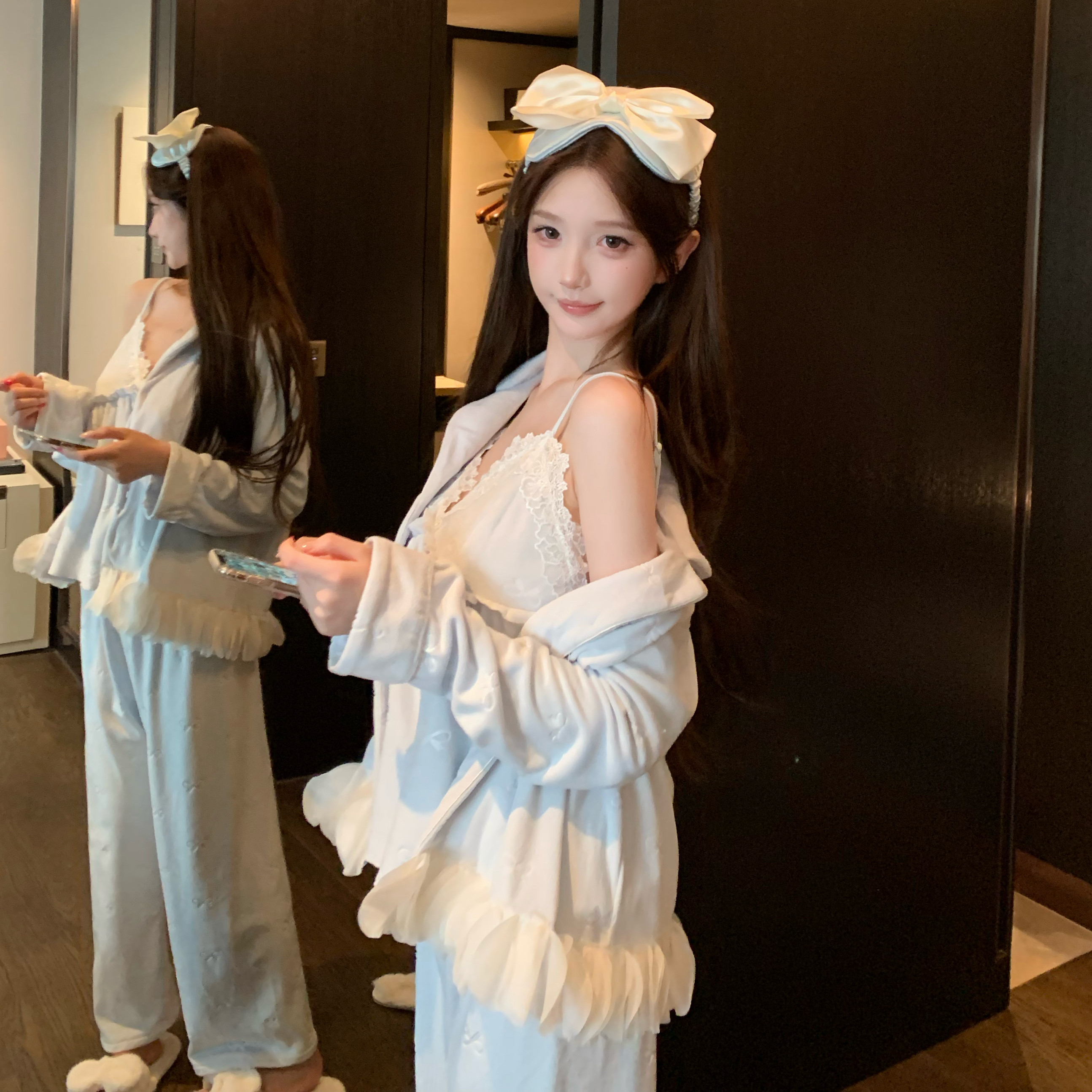 欧若拉性感纯欲海岛绒带胸垫睡衣