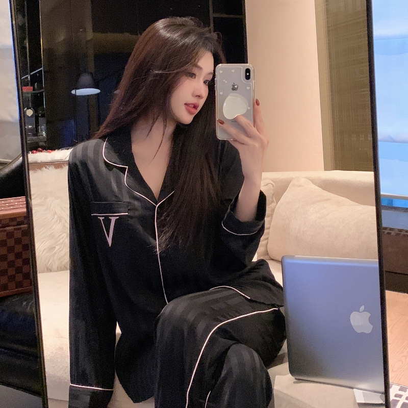 欧若拉睡衣女黑色轻奢缎面家居服