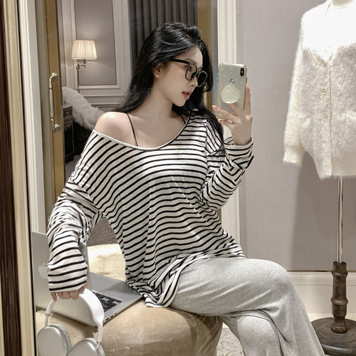 睡衣女【时髦少女】春秋季可外穿条纹三件套休闲宽松薄款家居服