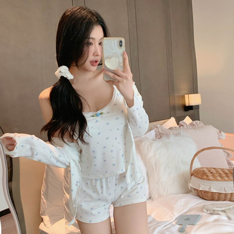 睡衣女【海盐夏日】纯欲吊带碎花三件套带胸垫 A类 莫代尔家居服