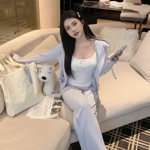 欧若拉睡衣女 慵懒风 定制款 春秋纯欲带胸垫可外穿连帽三件套装