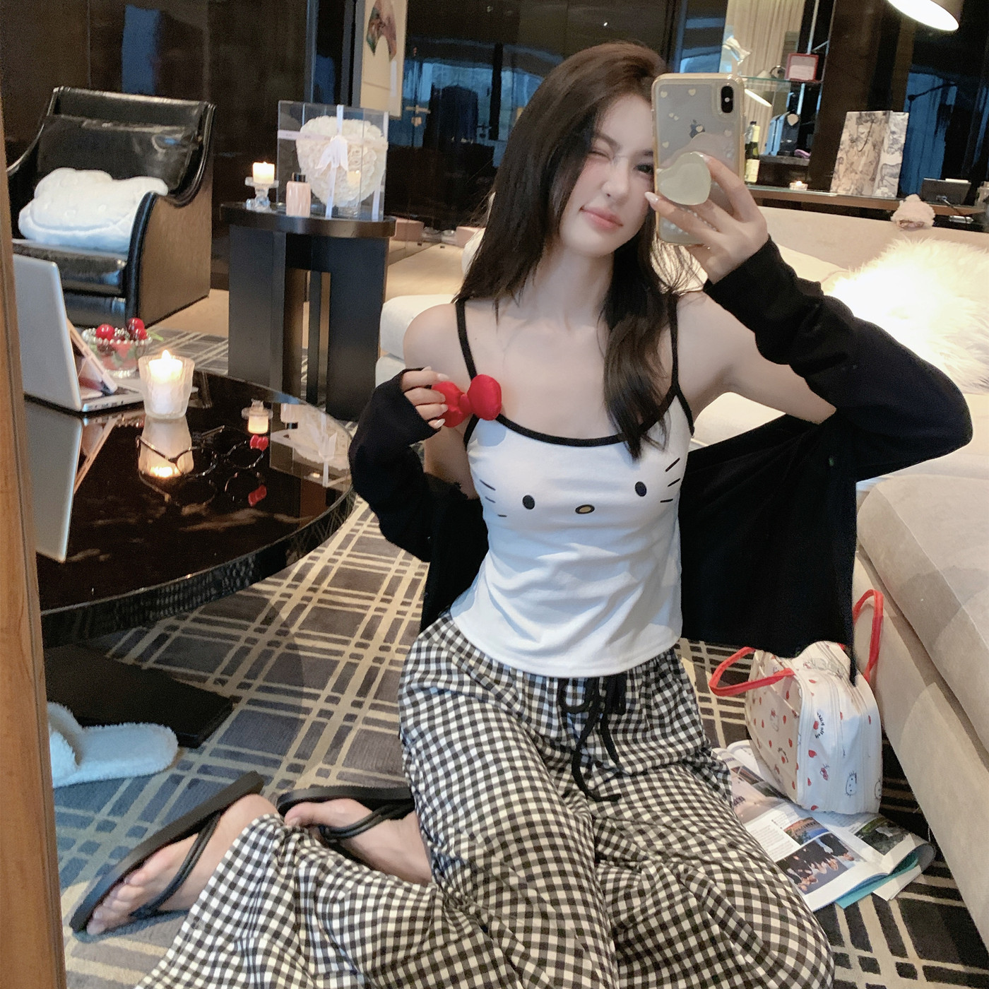 欧若拉睡衣女【格纹KT喵】秋冬简约纯欲少女针织纯棉三件套带胸垫