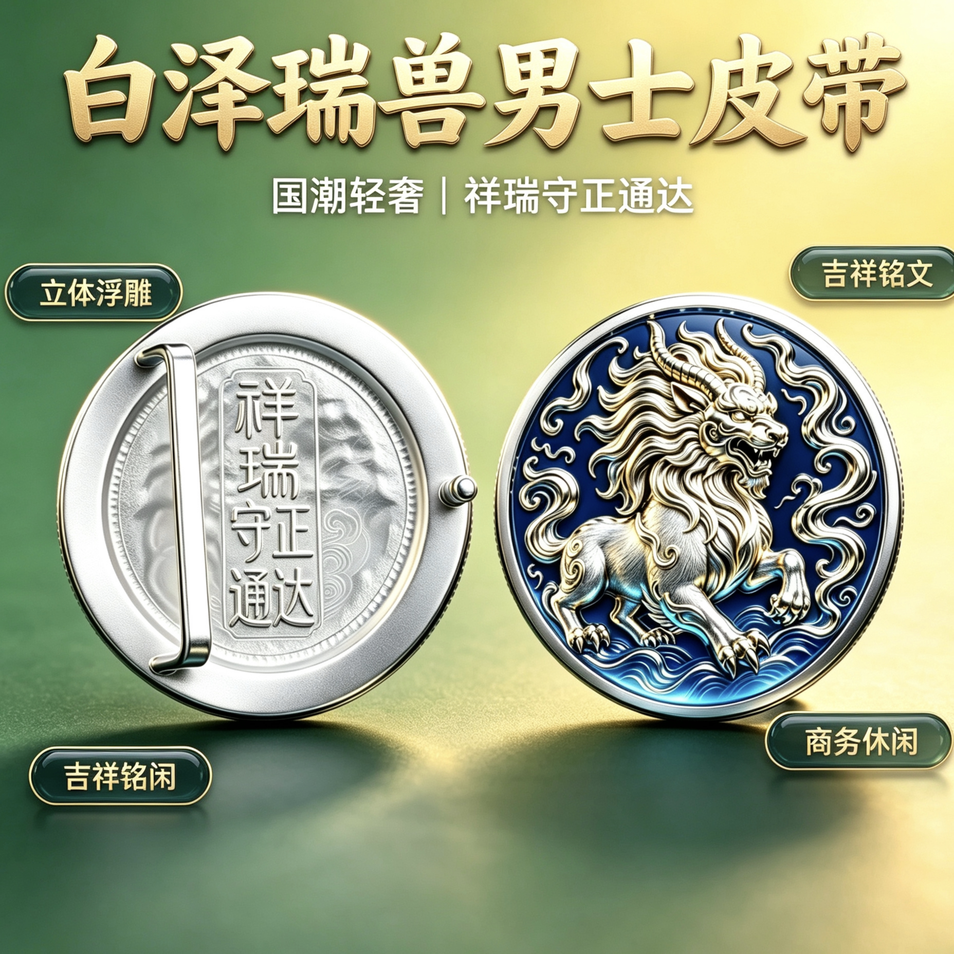 上古瑞兽白泽皮带男 轻奢圆扣鳄腰带/皮带/腰链
