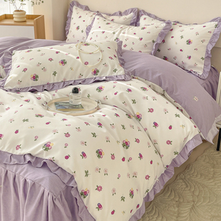 韩式 四件套纯棉全棉1.8m床垫套床笠床罩防滑学生床单三件套 床裙款