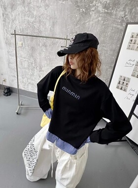 2026春季新款假两件拼接格纹长袖T恤女宽松休闲百搭上衣打底卫衣