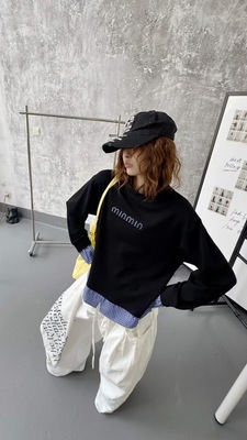 2026春季新款假两件拼接格纹长袖T恤女宽松休闲百搭上衣打底卫衣