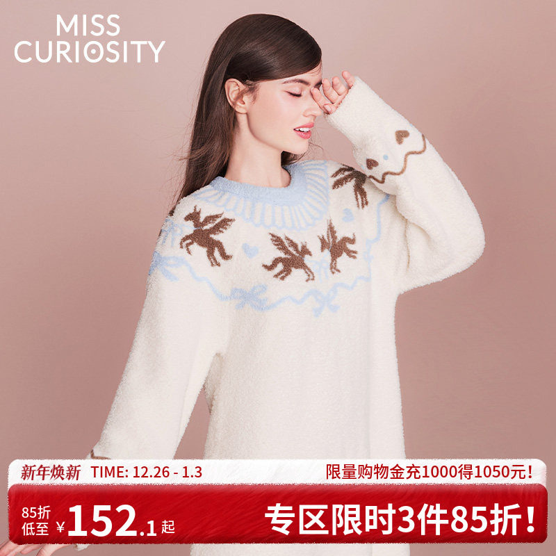 好奇蜜斯半边绒家居服女珊瑚绒睡裙秋冬睡衣加厚可外穿柔软抗静电