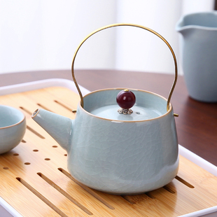 汝窑提梁壶小号家用泡茶壶不烫手天青汝瓷功夫茶具高档茶杯茶盘