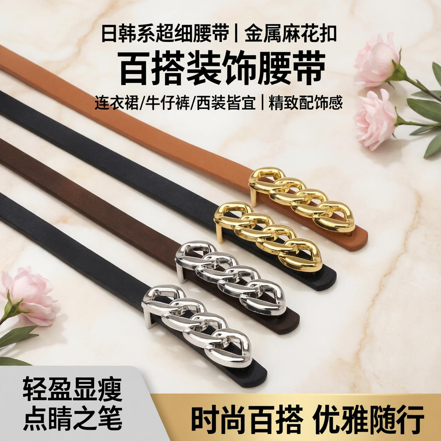 日韩系女士腰带麻花辫金属扣配饰感板扣超细搭配连衣裙百搭装饰带