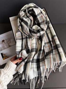 冬季大格子灰色情侣学生气质格子长款流苏披肩保暖男女仿羊绒围巾