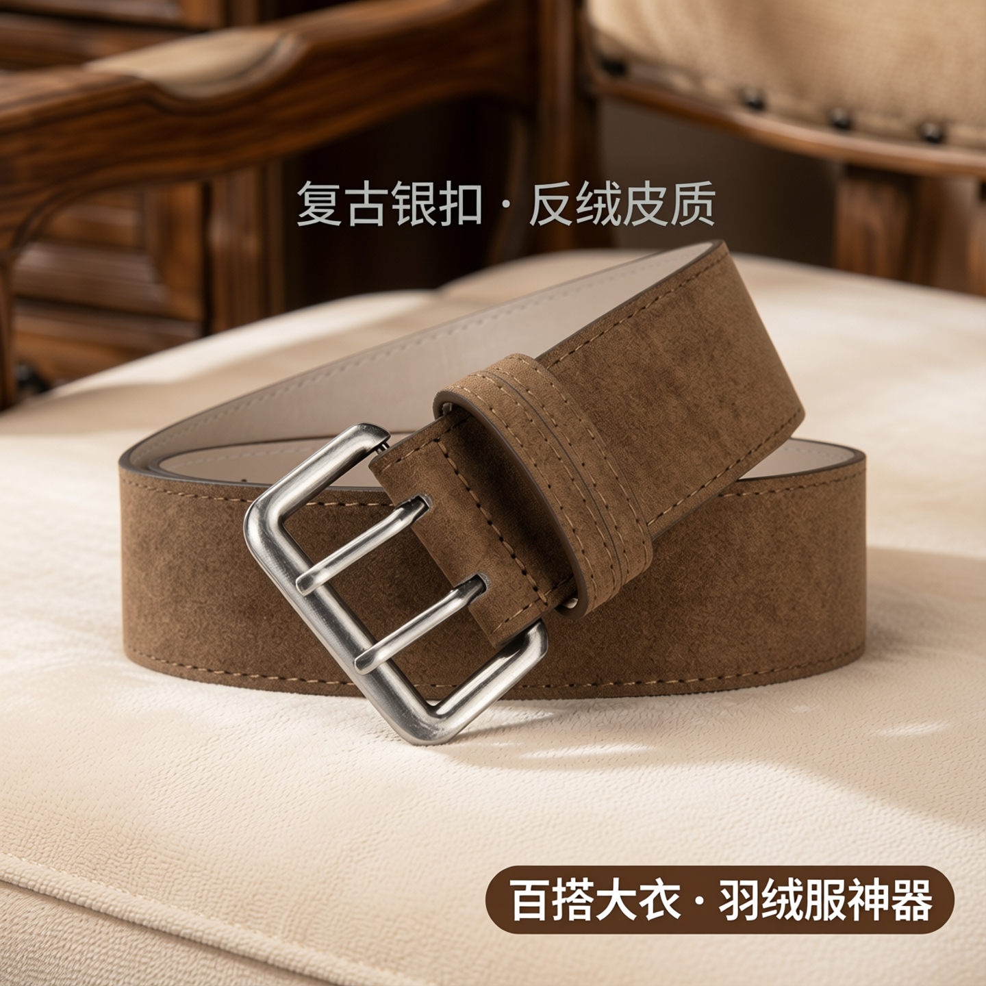 复古银扣女士粗宽腰封反绒皮时尚双针扣百搭大毛衣羽绒服皮腰带