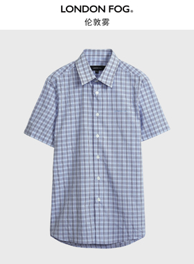 伦敦雾夏季新款纯棉格子休闲短袖衬衫男士蓝色寸衫商务通勤衬衣男