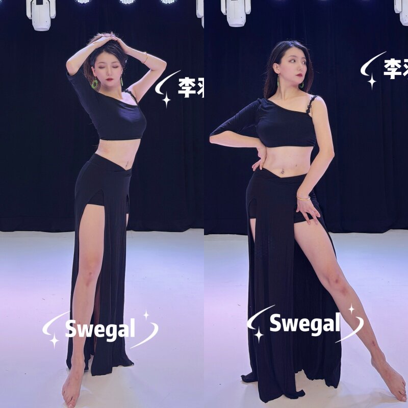 SWEGAL肚皮舞练功服蕾丝花边肩带不勒腰性感双开叉莫代尔大师款