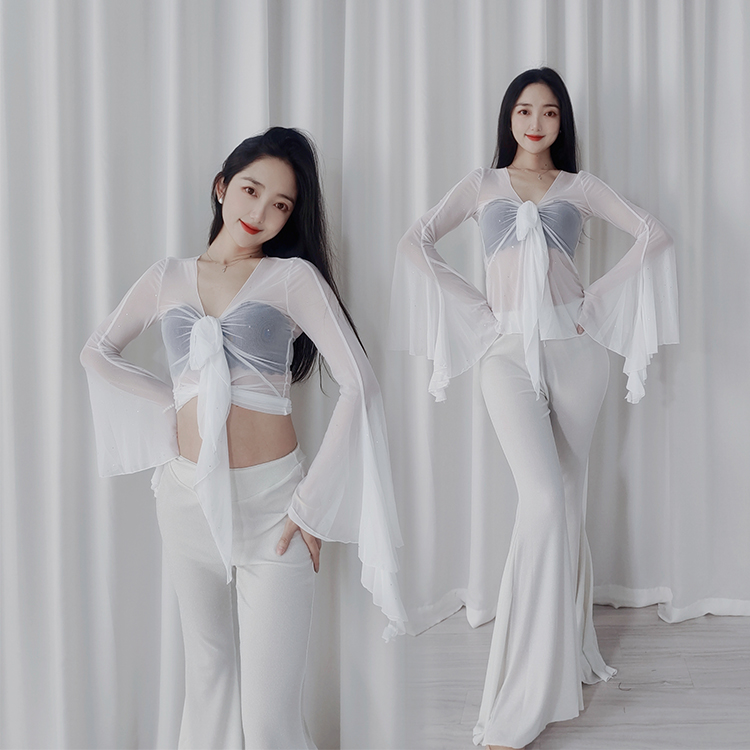 SWEGAL2024新舞蹈服套装肚皮舞服装喇叭袖细闪上衣闪丝大摆裤套装