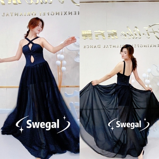 swegal肚皮舞练功服540度撒银镂空连身大摆裙自带胸棉性感大气