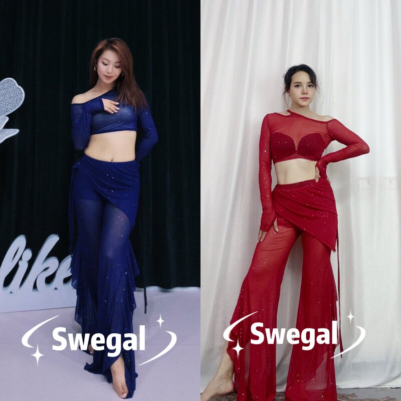 SWEGAL肚皮舞练功服露肩勾指长袖上衣小围裙大摆裤撒银网纱舞蹈服