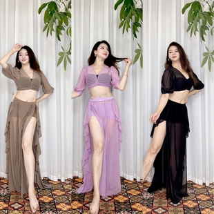 swegal肚皮舞服装2025夏季新款网纱灯笼袖上衣花边双开叉长裙新手