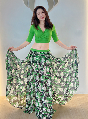 SWEGAL肚皮舞练功服套装系绑上衣绿色印花雪纺大摆裙东方舞大码