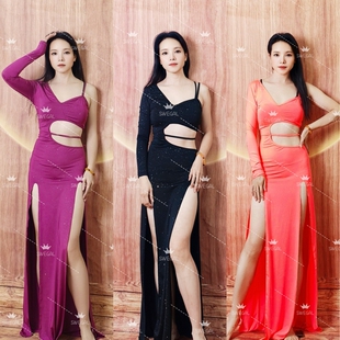 swegal肚皮舞服装2025新款性感露肩腰单边袖连衣裙东方舞服装性感