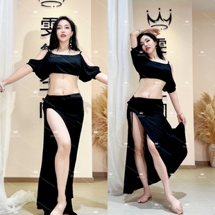 swegal肚皮舞练功服东方舞服装 上衣加抽绳长裙 黑色莫代尔蝙蝠袖