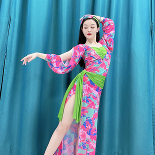 SWEGAL肚皮舞练功服网纱玫绿印花Baladi袍子手杖埃及肚皮舞袍子