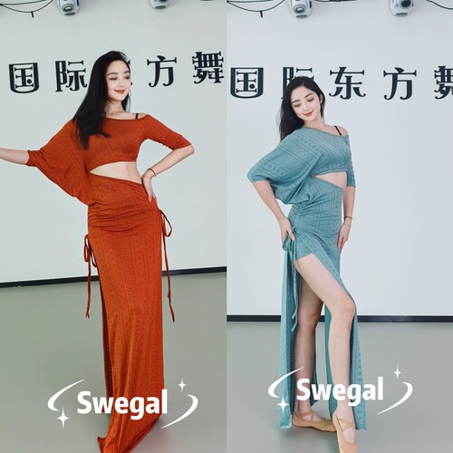 显白洞洞布单边蝙蝠袖肚皮舞裙
