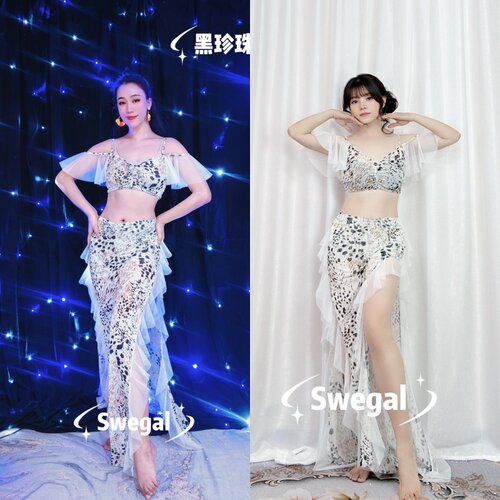 舒适透气肚皮舞豹纹网纱套装舞服