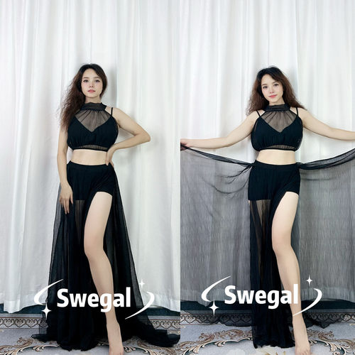 SWEGAL肚皮舞黑纱大摆裙套装大码