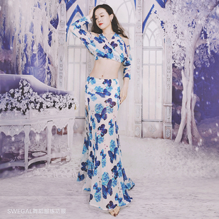 SWEGAL肚皮舞印花网纱蝴蝶兰练习套装 开叉鱼尾裙演出服 镂空蝙蝠袖