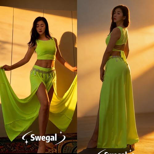 swegal肚皮舞练功服慢慢荧光色系带背心交叉阔腿裤带安全裤可插垫