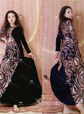 swegal肚皮舞练功服伊拉克甩发舞拼色连衣裙豹纹网纱拼黑色莫代尔