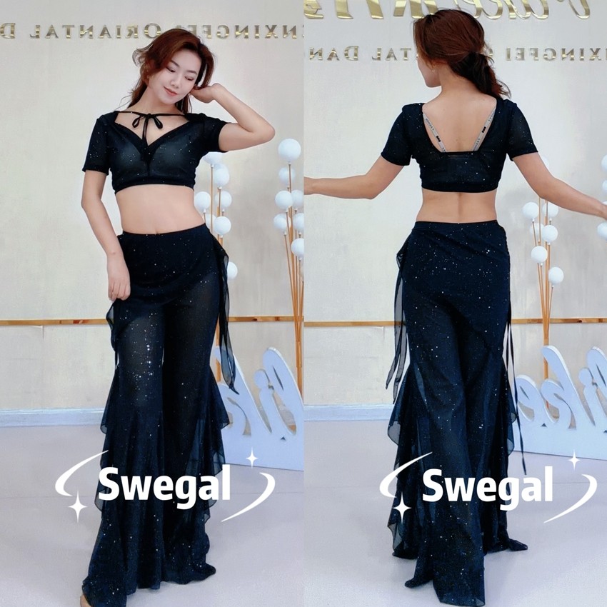 swegal肚皮舞练功服撒银网纱宫廷领上衣加小围裙大摆裤东方舞服装