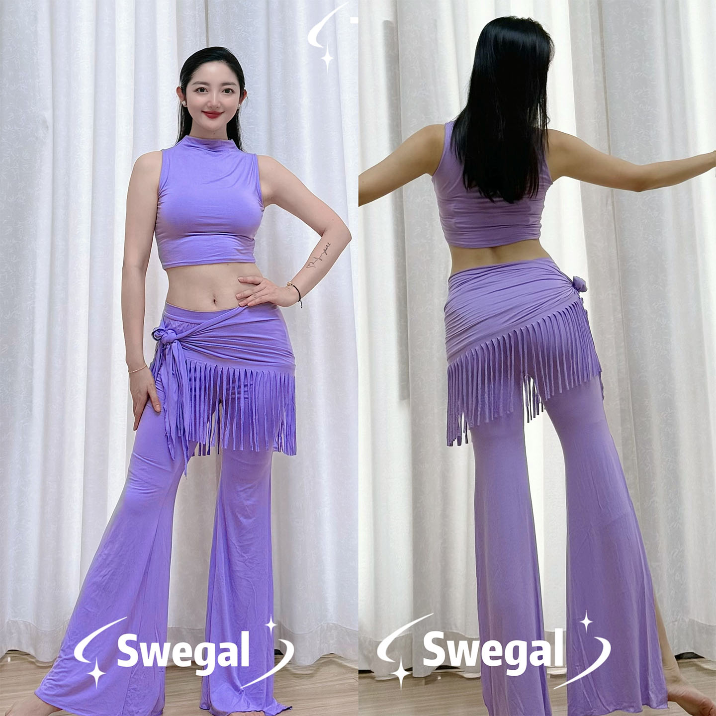 SWEGAL肚皮舞背心裤装手工流苏臀巾莫代尔修身显白初学者瑜伽舞服
