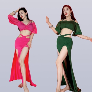 swegal肚皮舞练功服东方舞服装莫代尔拼雪纺灯笼袖加挂腰裙