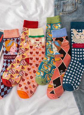 国潮值3/6双法国猫咪男女个性潮袜复古学院风中长筒袜子秋冬文艺i